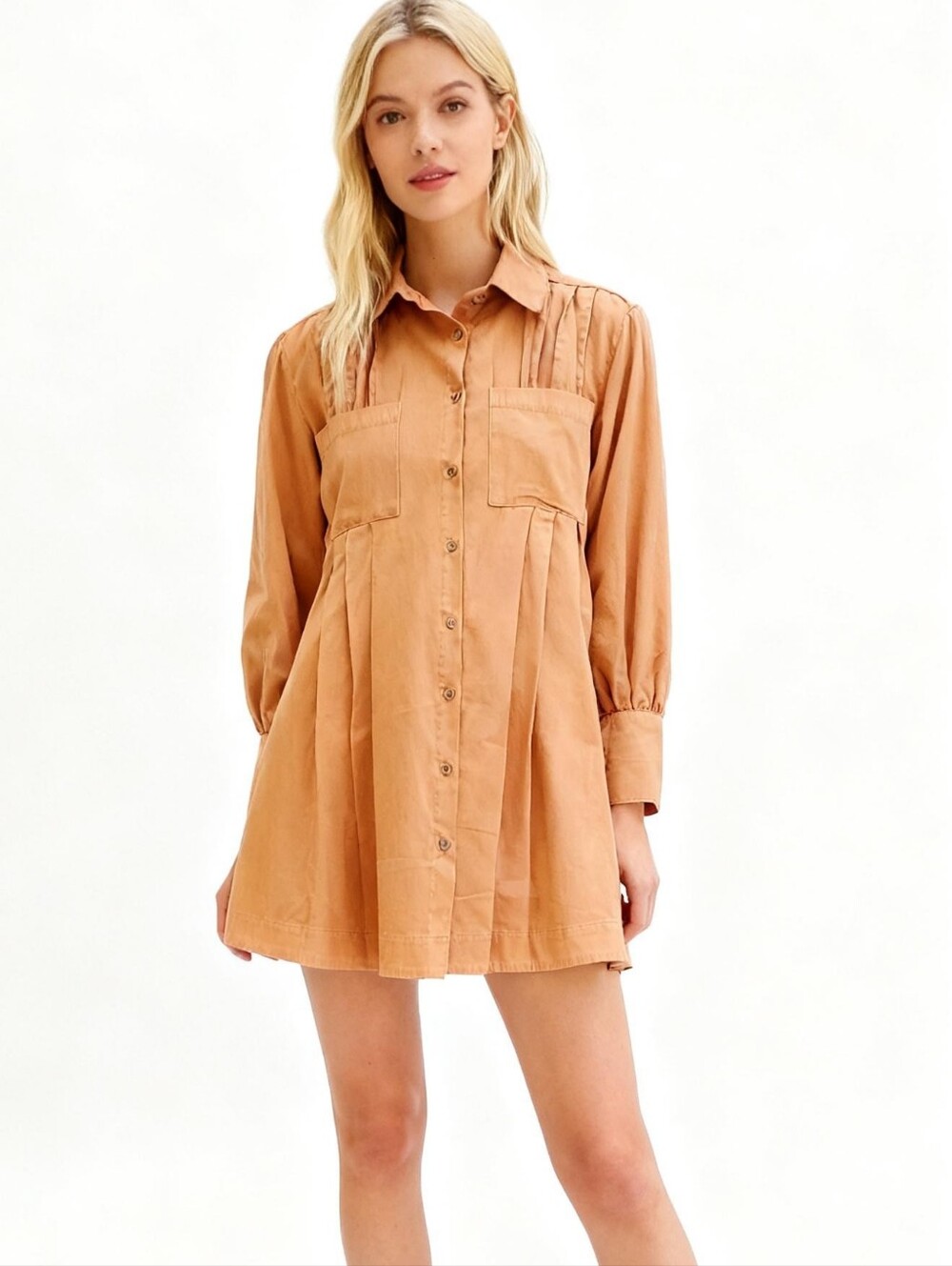 NEW! Ces Femme Woven Loose-Fit Button-Front Shirt Mini Dress in Camel SizeS